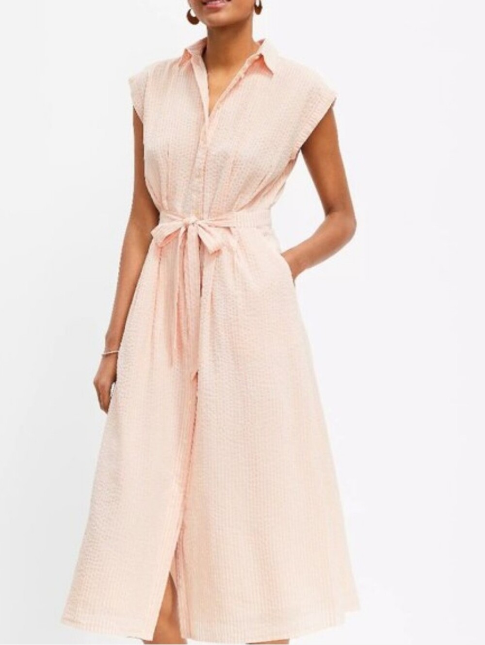LOFT Seersucker Stripe Tie-Waist Pocket Midi Buttondown Shirtdress NWT